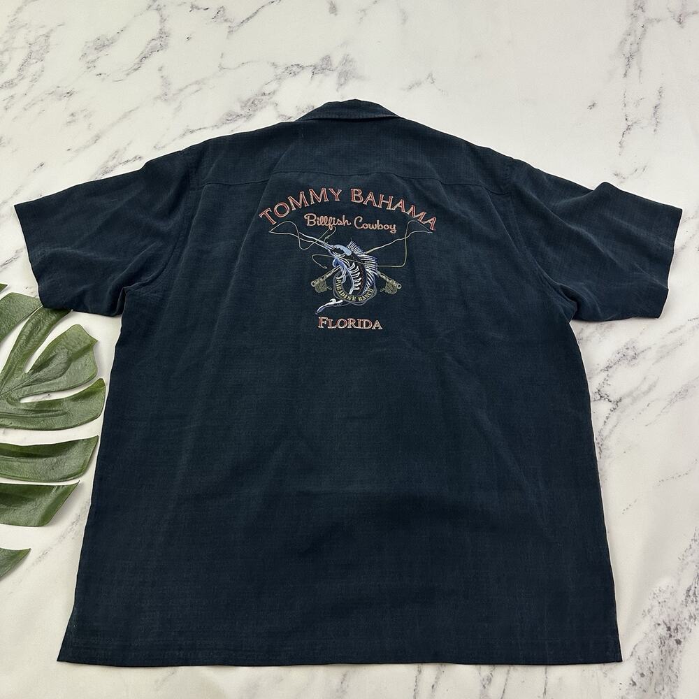 Tommy Bahama Mens Silk Billfish Cowboy Embroidered Hawaiian Shirt Size L Black